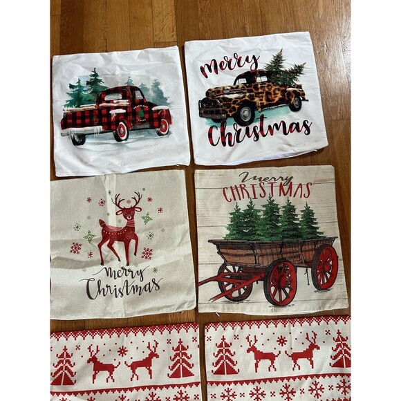 Set 6 Christmas Throw Pillow Covers Farmhouse Red Truck Reindeer Zippered Xmas - Picture 1 of 6